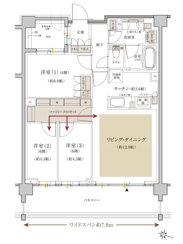 クレヴィア新川崎の間取り図　D(6階)：3LDK+FC