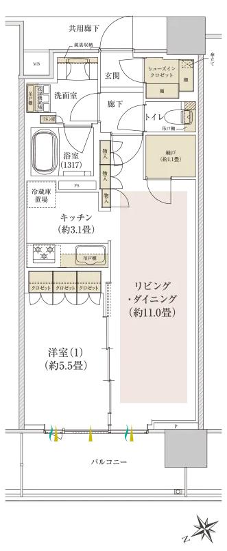 Brillia(ブリリア) Tower 千葉の間取り図　W：1LDK+SIC+N