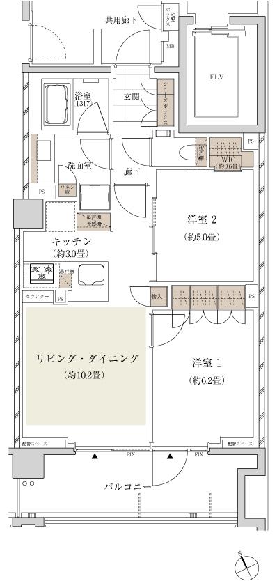 ザ・パークハウス 武蔵野レジデンスの間取り図　B：2LDK+WIC