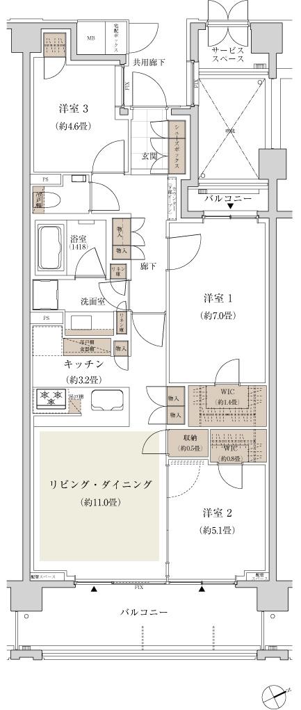 ザ・パークハウス 武蔵野レジデンスの間取り図　G1：3LDK+2WIC