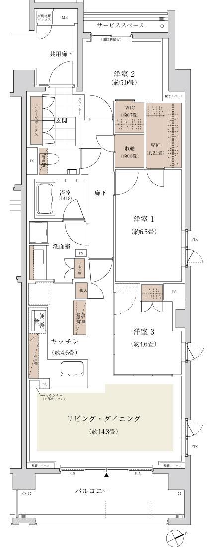 ザ・パークハウス 武蔵野レジデンスの間取り図　J：3LDK+2WIC