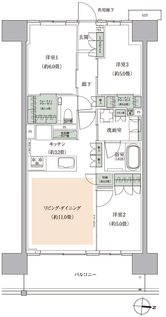 ザ・パークハウス 亀戸九丁目の間取り図　G：3LDK+2WIC+FS