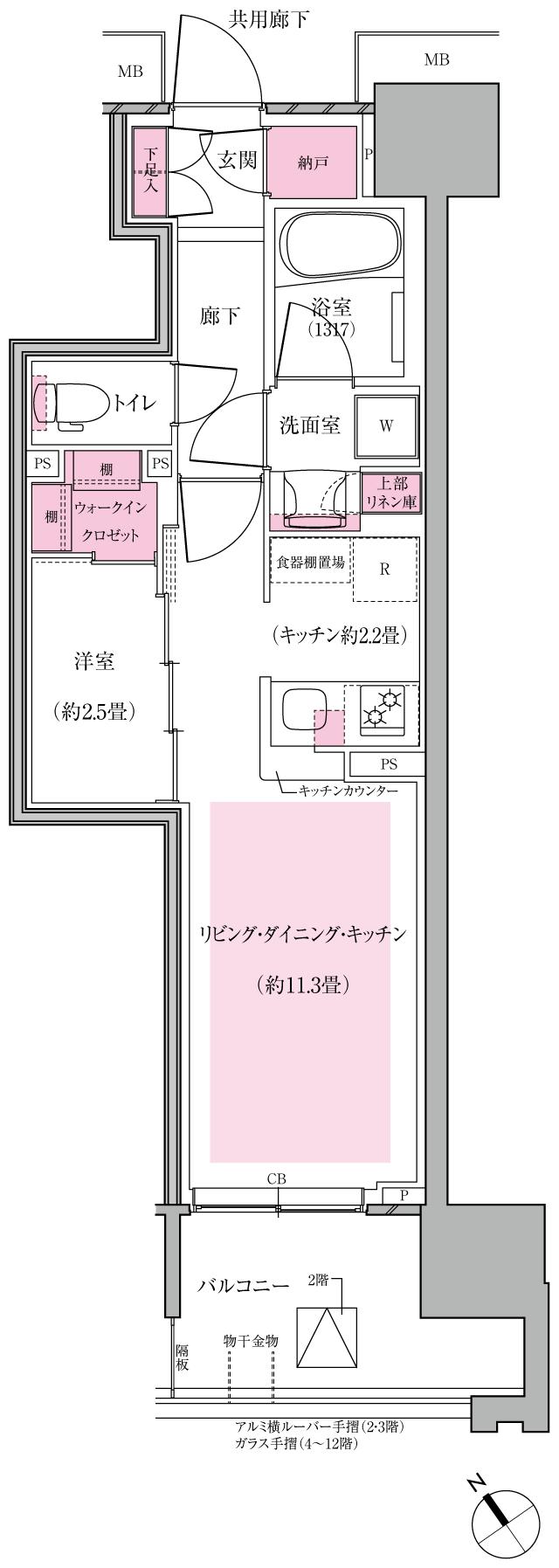 パークリュクス南船橋の間取り図　37E：1LDK+WIC+N