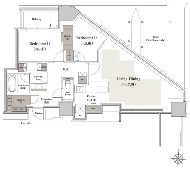 シエリアタワー南麻布の間取り図　B：2LDK+WIC+SIC
