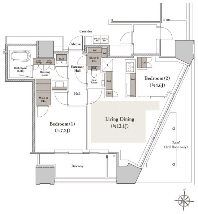 シエリアタワー南麻布の間取り図　E：2LDK+WIC+SIC