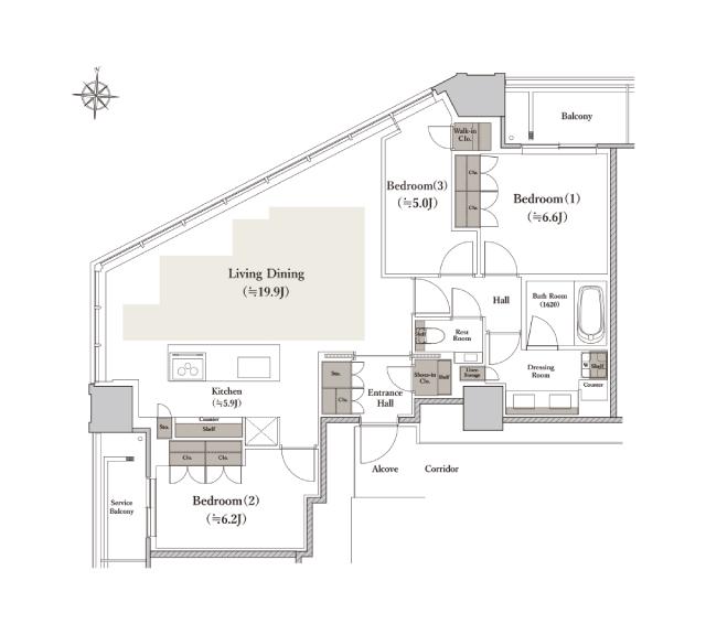 シエリアタワー南麻布の間取り図　F：3LDK+WIC+SIC