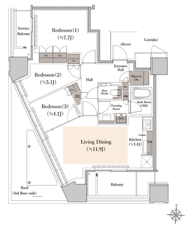 シエリアタワー南麻布の間取り図　C：3LDK+N+SIC