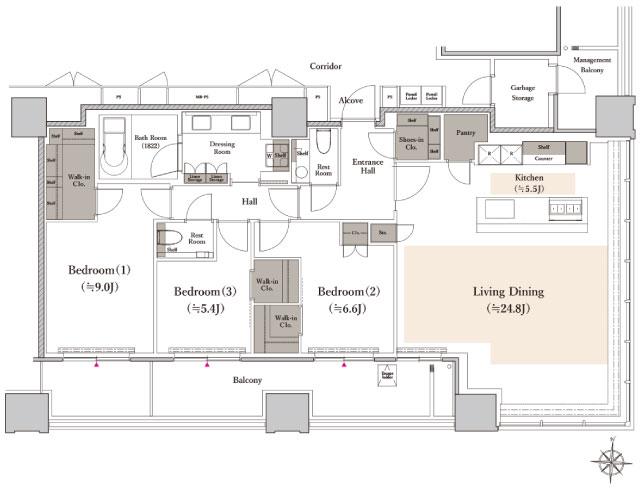 シエリアタワー南麻布の間取り図　Q：3LDK+3WIC+SIC