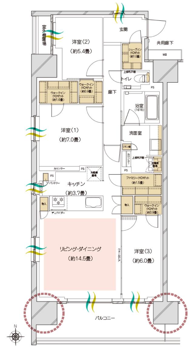 ハイムスイート高崎　ザ・レジデンスの間取り図　A：3LDK+3WIC+FC+SIC