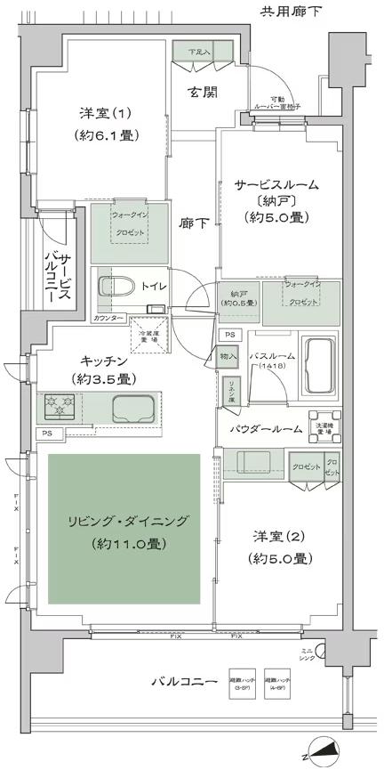 シティテラス中野の間取り図　D-S：2LDK+S(サービスルーム[納戸])+N(納戸)+2WIC(ウォークインクロゼット)