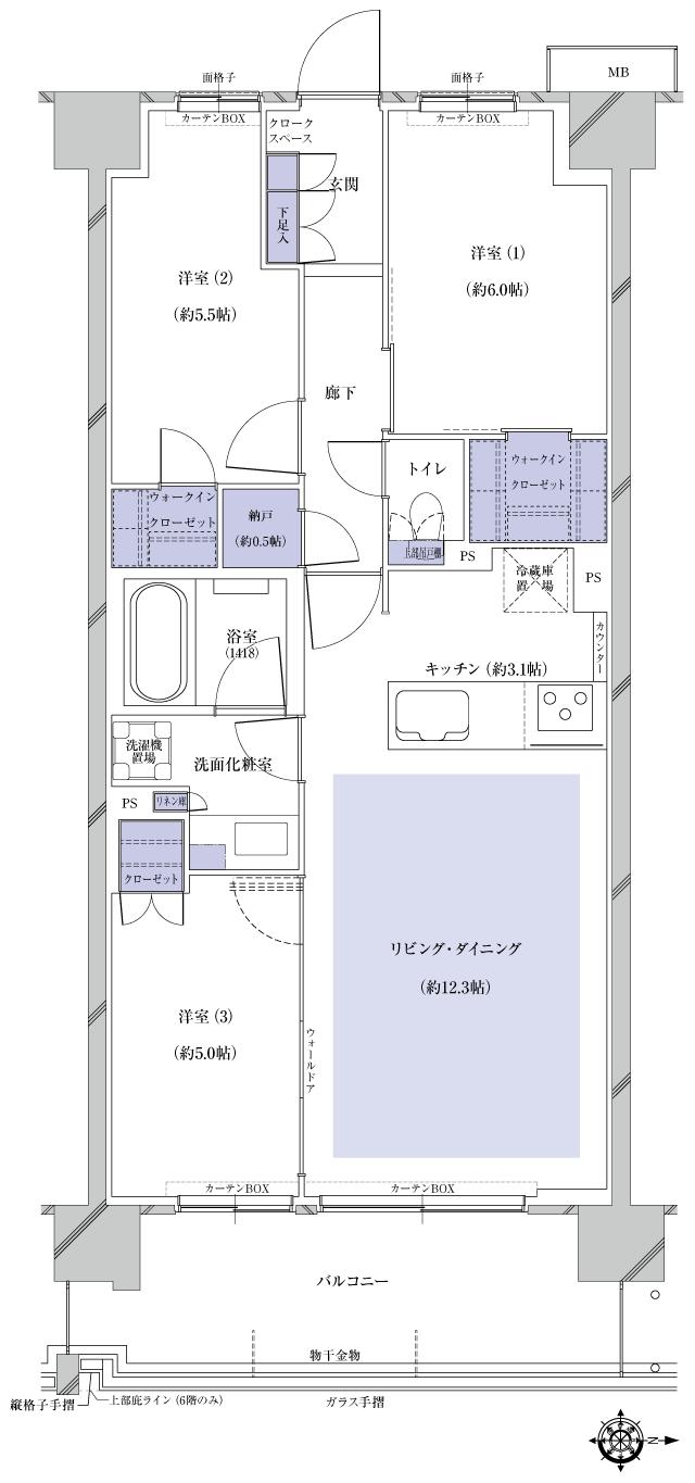 プレシス国分寺の間取り図　G：3LDK+2WIC+N