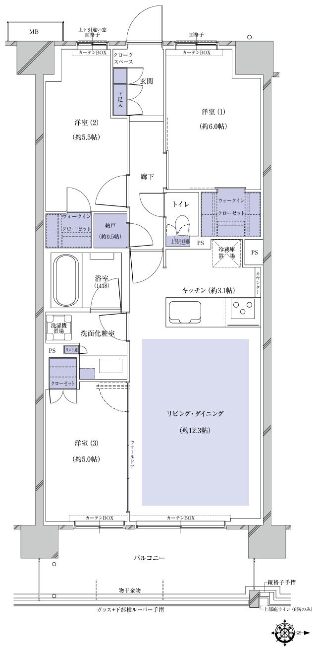 プレシス国分寺の間取り図　H：3LDK+2WIC+N