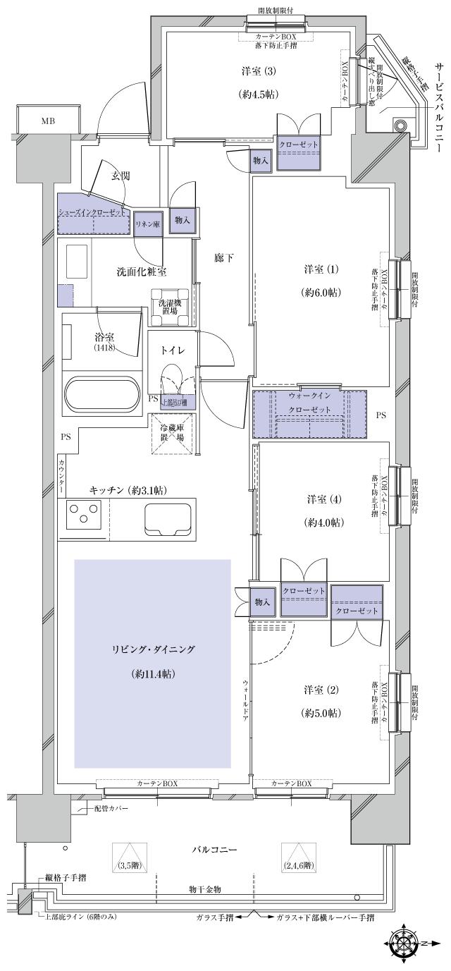 プレシス国分寺の間取り図　K：4LDK+WIC+SIC