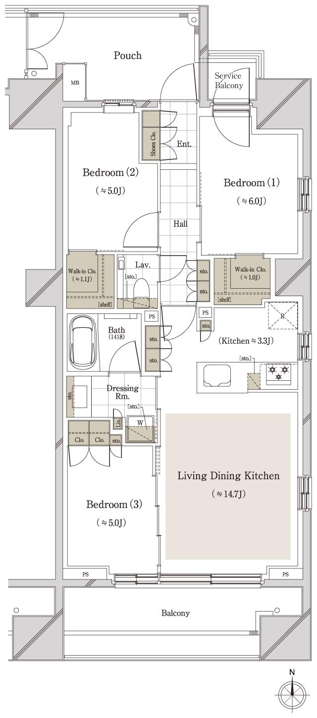 クレストプライムタワー東小金井の間取り図　S-70J：3LDK+2WIC