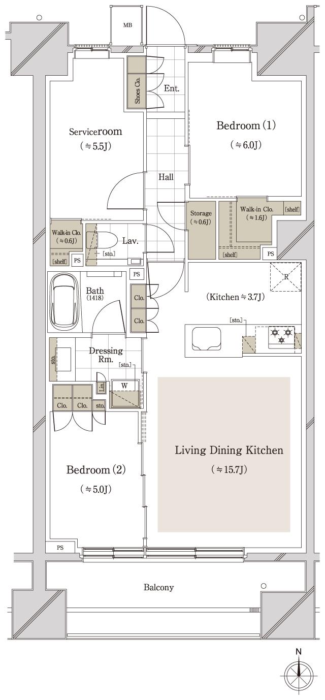 クレストプライムタワー東小金井の間取り図　S-72H：2LDK+S(サービスルーム[納戸])+2WIC+N