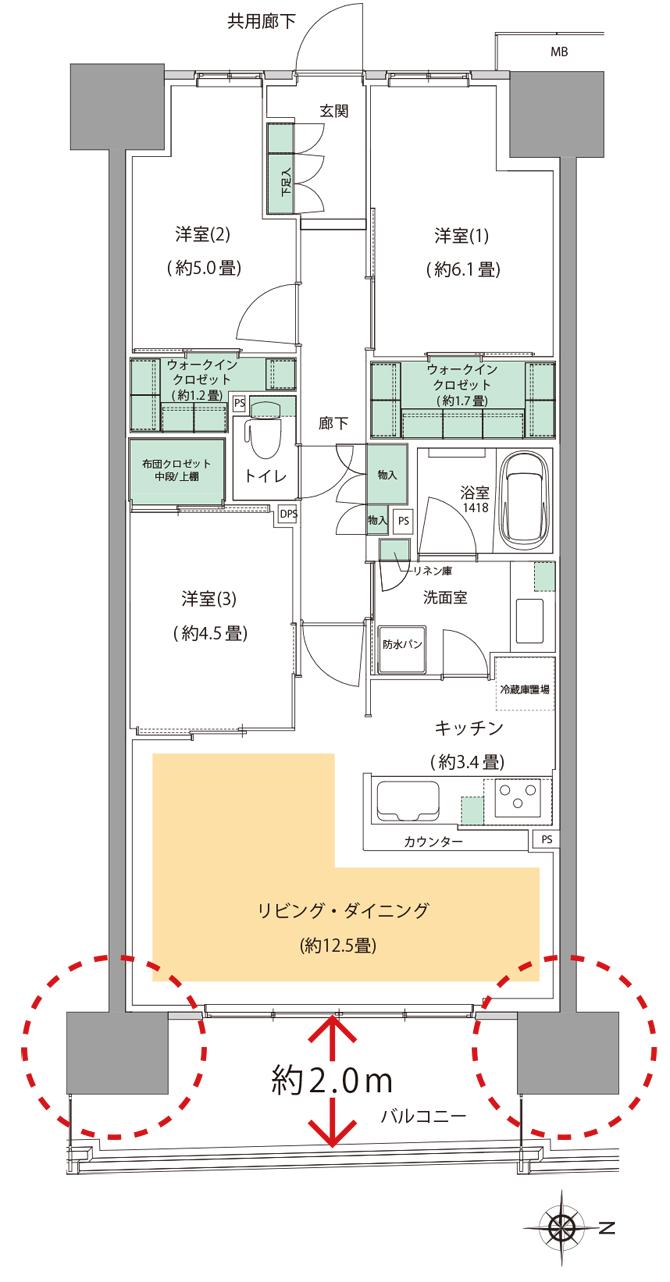 つくばウェルビーイングプロジェクトの間取り図　CE：3LDK+2WIC