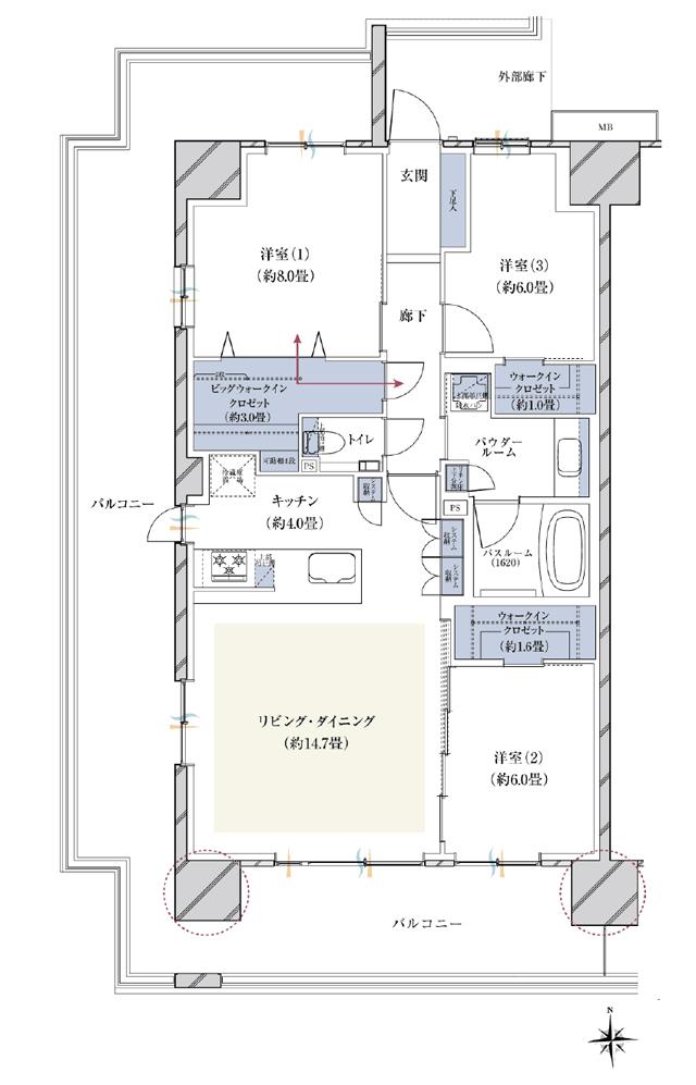 ヴェレーナシティ木更津マリーナベイの間取り図　A：3LDK+BW+2W