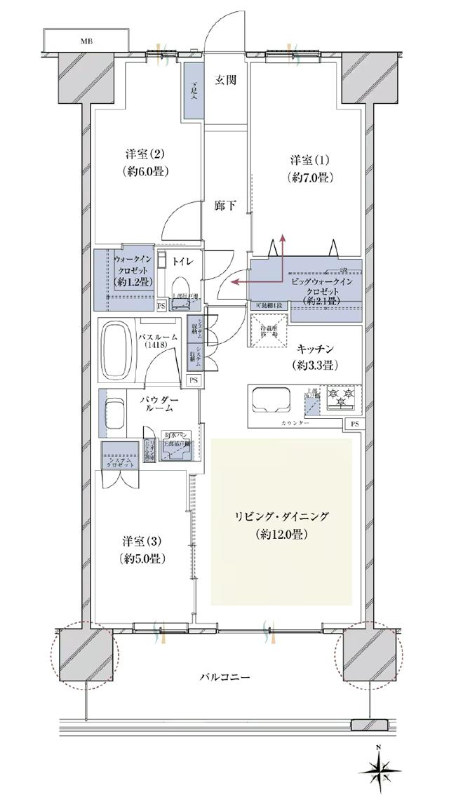 ヴェレーナシティ木更津マリーナベイの間取り図　B：3LDK+BW+W