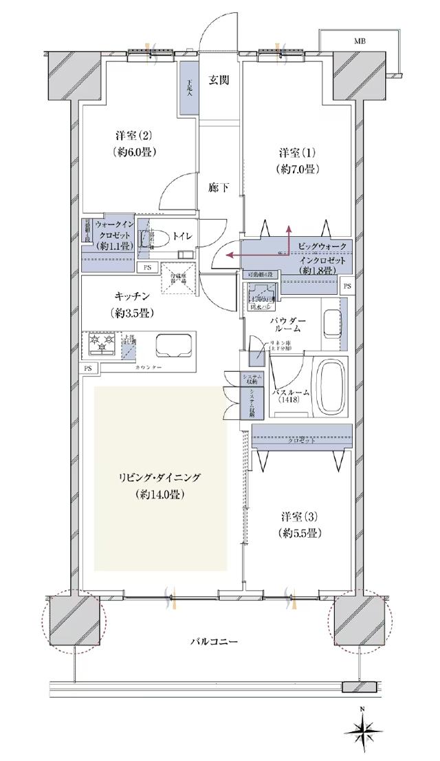 ヴェレーナシティ木更津マリーナベイの間取り図　G：3LDK+BW+W