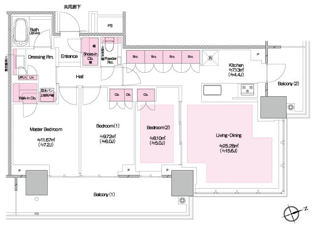 プラウドタワー池袋の間取り図　EI：3LDK+WIC+SIC