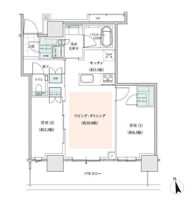 アトラスタワー小平小川の間取り図　E2(6～26F)：2LDK+wic+sic