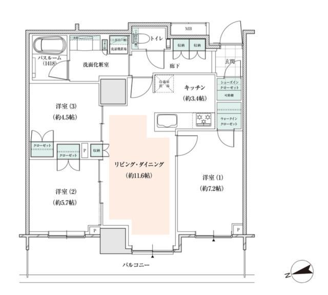 アトラスタワー小平小川の間取り図　B1(7～26F)：3LDK+wic+sic