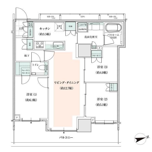 アトラスタワー小平小川の間取り図　G2(11～26F)：3LDK+wic