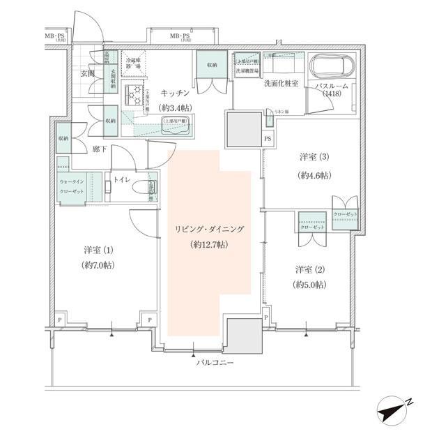 アトラスタワー小平小川の間取り図　H2(23～26F)：3LDK+wic
