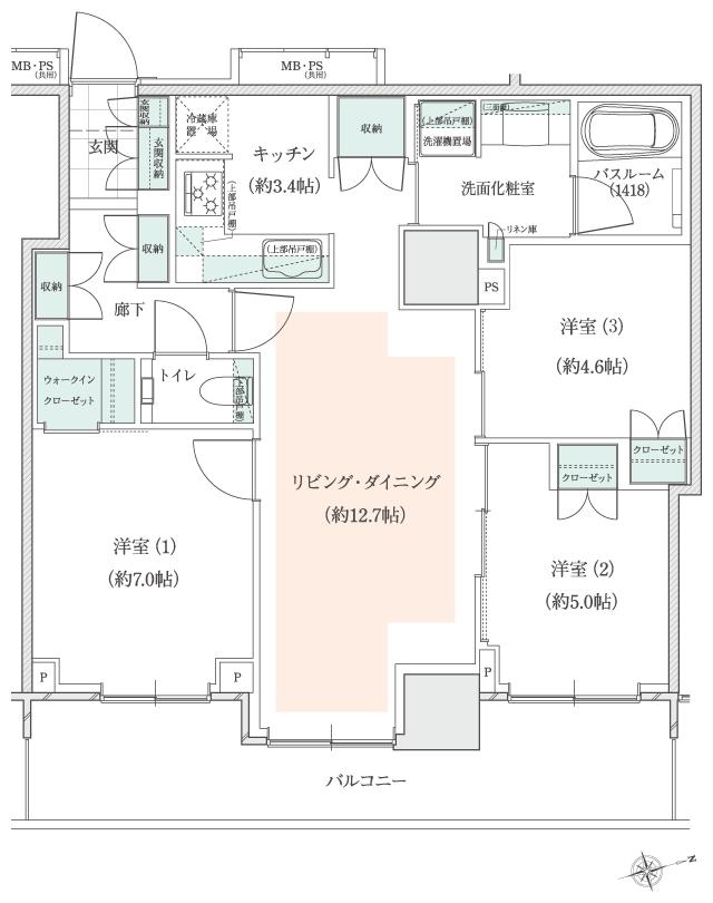 アトラスタワー小平小川の間取り図　H2(11～22F)：2LDK+S