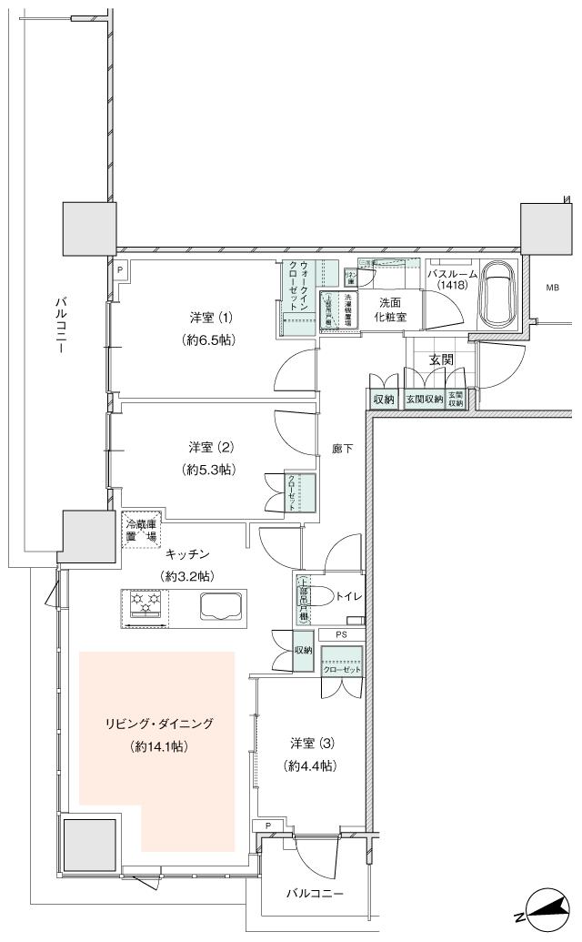 アトラスタワー小平小川の間取り図　A1：3LDK+wic