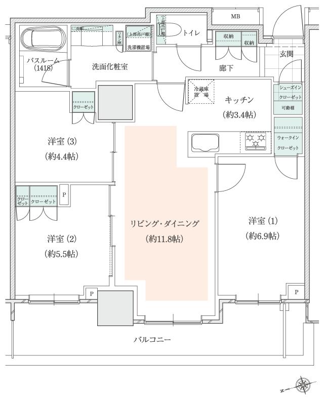 アトラスタワー小平小川の間取り図　C2：3LDK+wic+sic