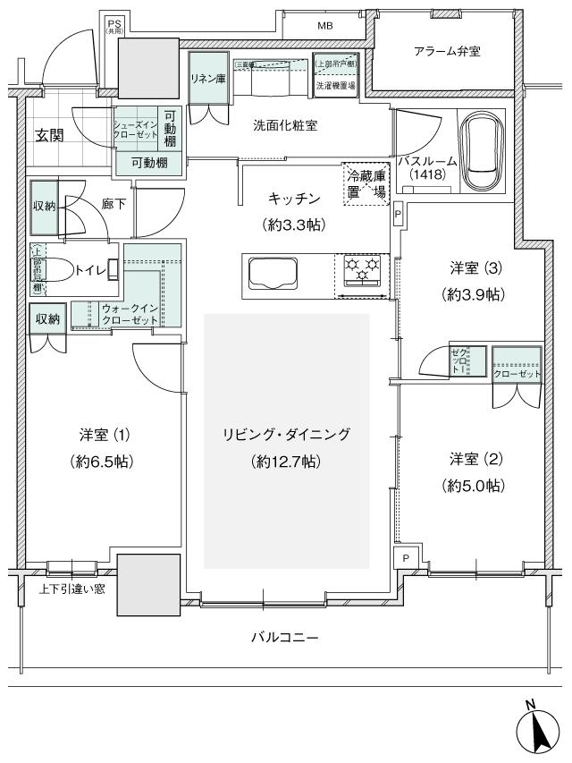 アトラスタワー小平小川の間取り図　E1：3LDK+wic+sic