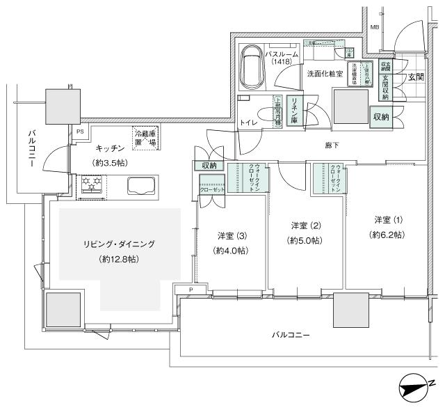アトラスタワー小平小川の間取り図　F1：3LDK+2wic