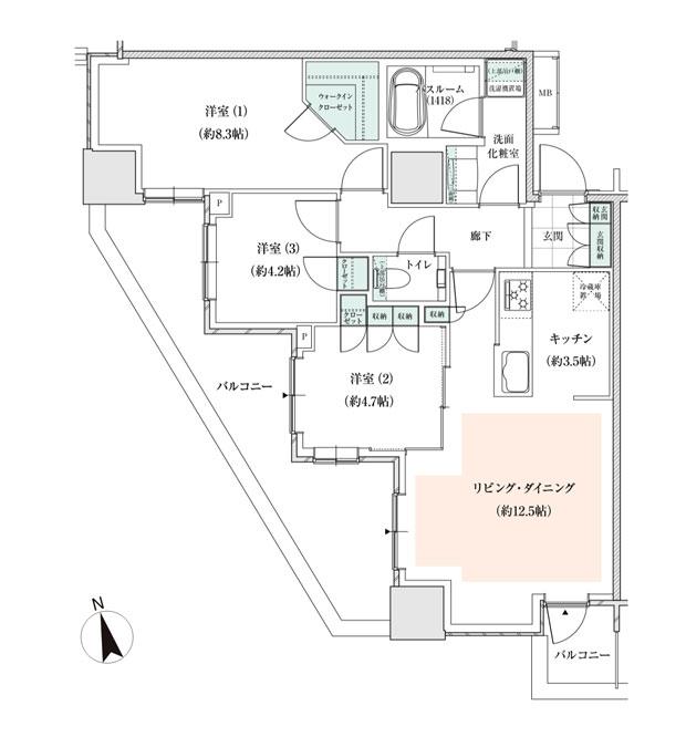 アトラスタワー小平小川の間取り図　D1(6～26F)：3LDK+wic