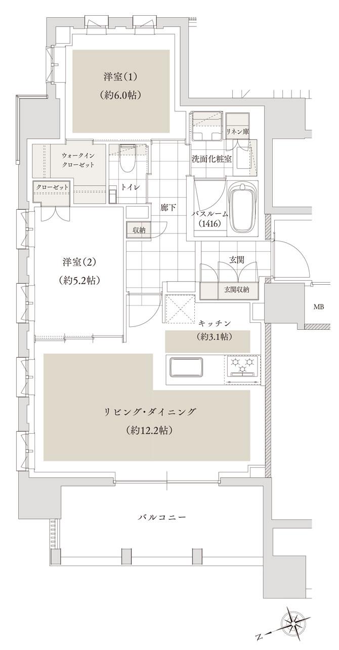 アトラス麻布十番の間取り図　A：2LDK+WIC