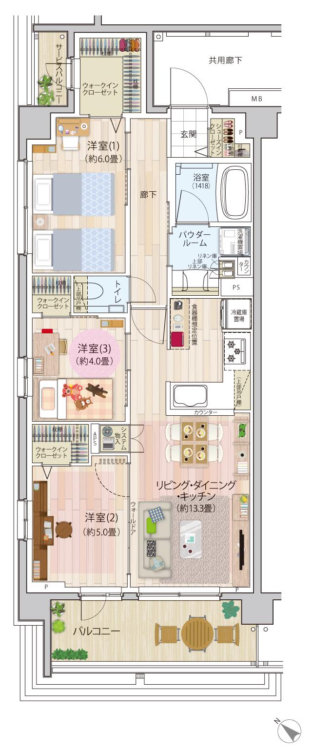 エクセレントシティ久米川ステーションサイドの間取り図　B：3LDK+3WIC+SIC