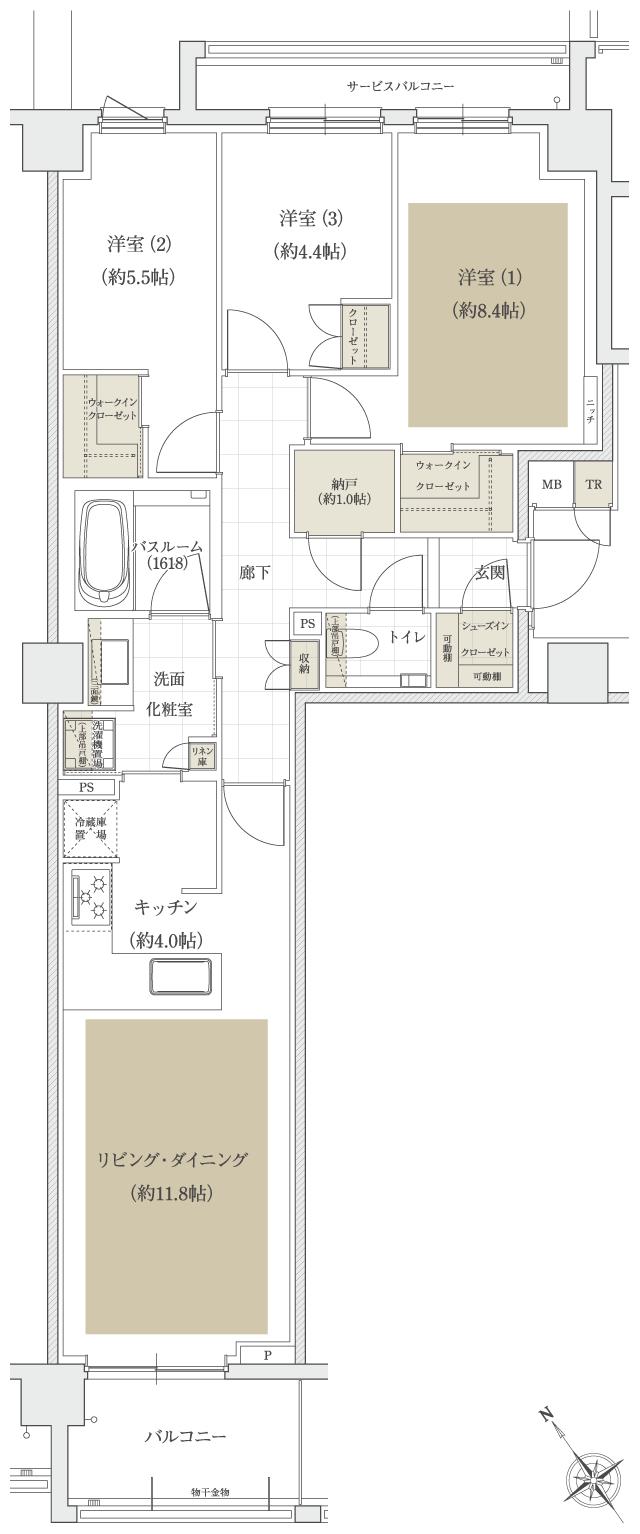 アトラス文京安藤坂の間取り図　80A：3LDK+2WIC+SIC+N