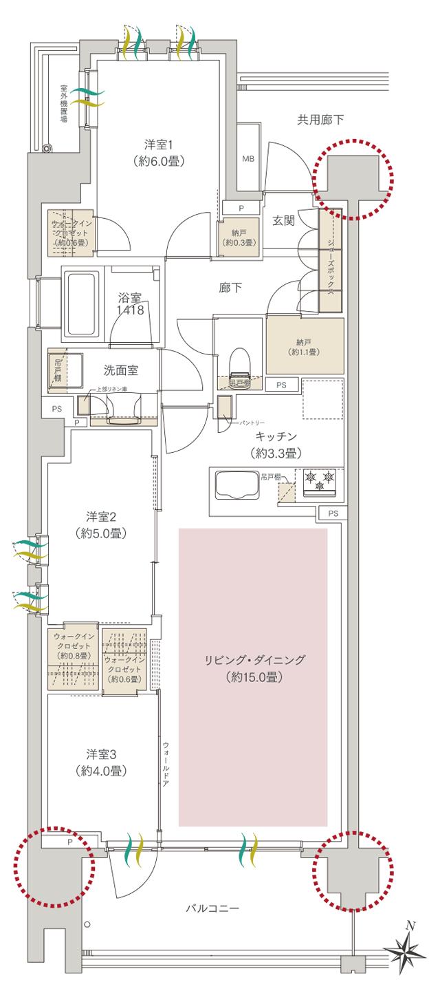ヒルズグランデ稲毛の間取り図　A77A(エアリーマークス)：3LDK+3WIC+2N