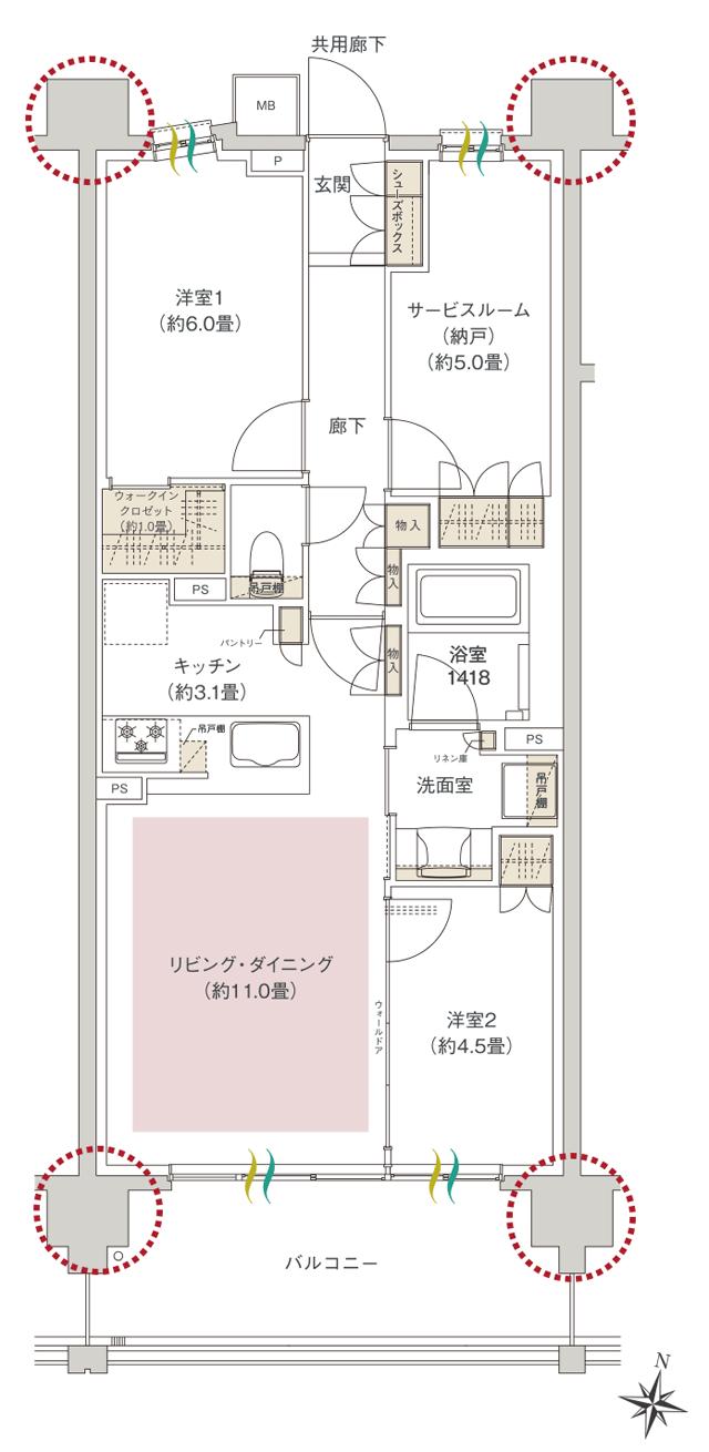ヒルズグランデ稲毛の間取り図　A67C1(エアリーマークス)：2LDK+S+WIC