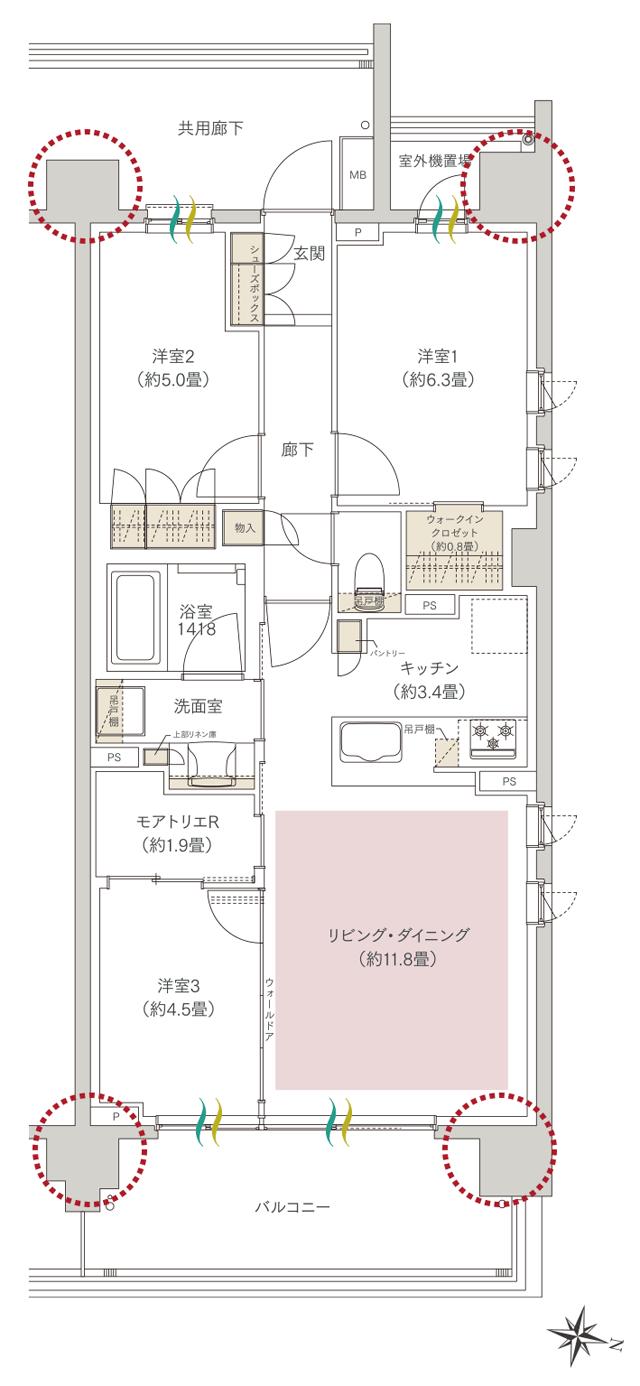 ヒルズグランデ稲毛の間取り図　B71B(エアリーマークス)：3LDK＋モアトリエR+WIC