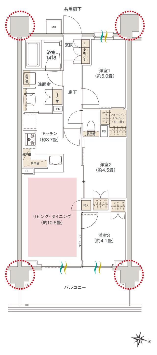 ヒルズグランデ稲毛の間取り図　B63B(エアリーマークス)：3LDK+WIC