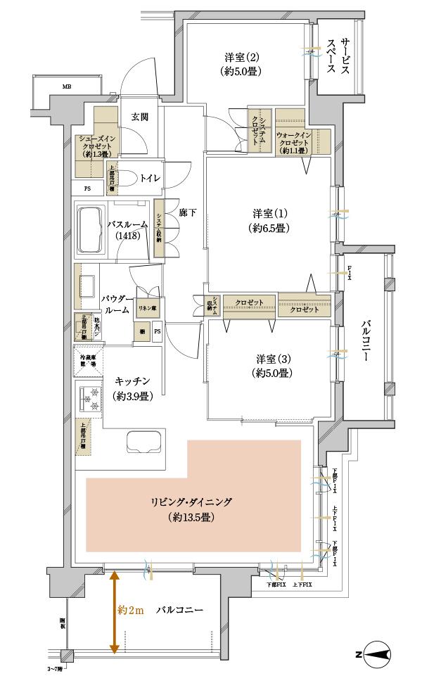 ヴェレーナ横浜鴨居の間取り図　D：3LDK+W+SC
