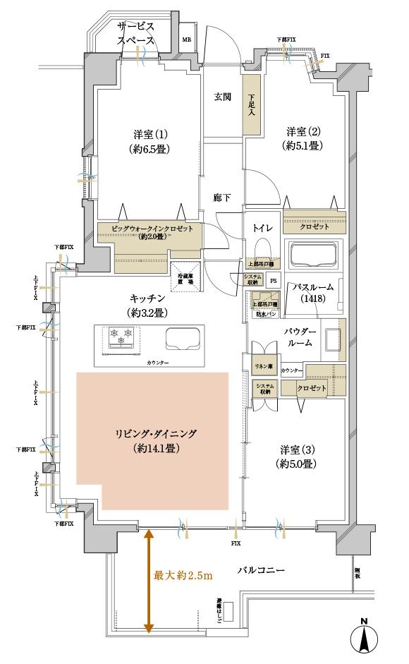 ヴェレーナ横浜鴨居の間取り図　E：3LDK+BW+W