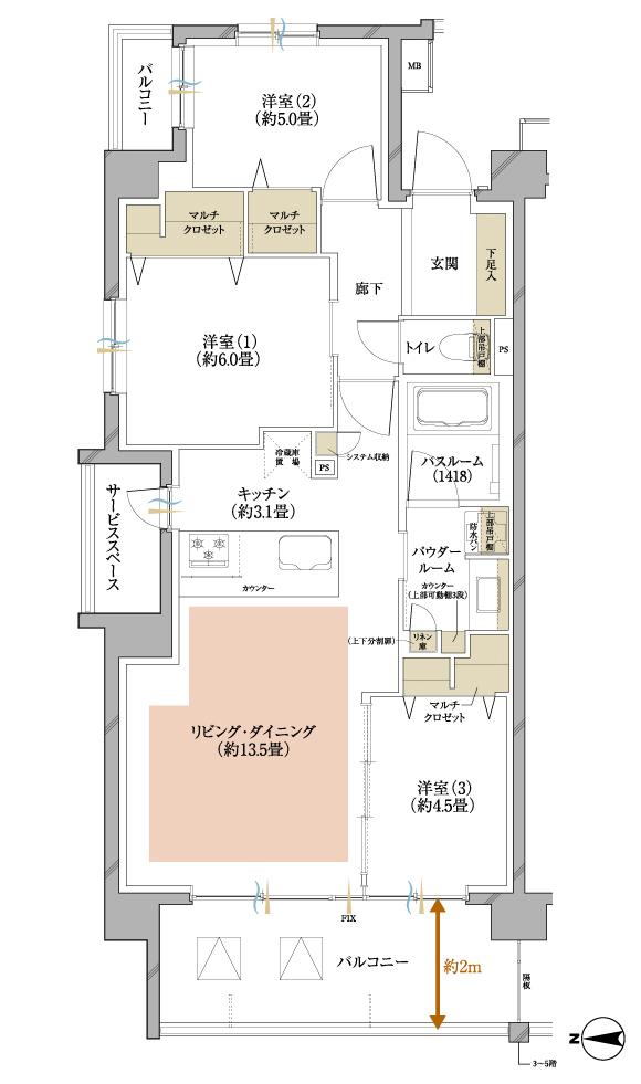 ヴェレーナ横浜鴨居の間取り図　A：3LDK