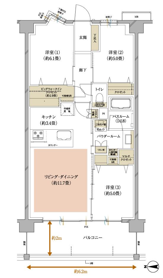 ヴェレーナ横浜鴨居の間取り図　M：3LDK+BW