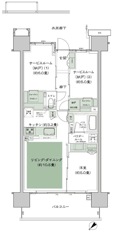 シティテラス赤羽　THE EAST／THE WESTの間取り図　A-B4：1LDK+2S(サービスルーム[納戸])+N(納戸)+2WIC(ウォークインクロゼット)