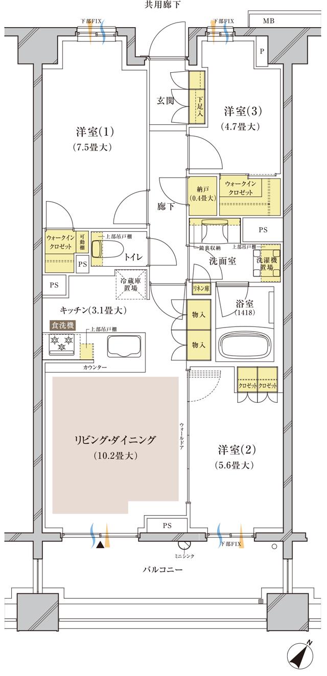 ブランズ中央林間の間取り図　S-G：3LDK+N+2WIC