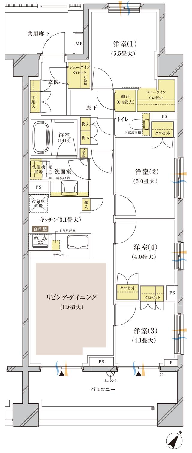 ブランズ中央林間の間取り図　S-P：4LDK+N+WIC+SIC