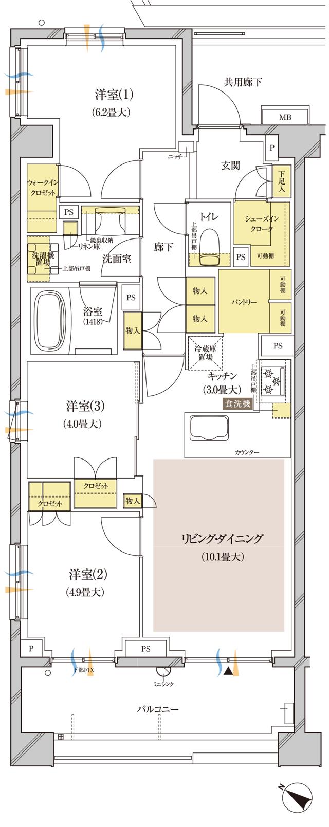 ブランズ中央林間の間取り図　E-A：3LDK+WIC+MSIC+P