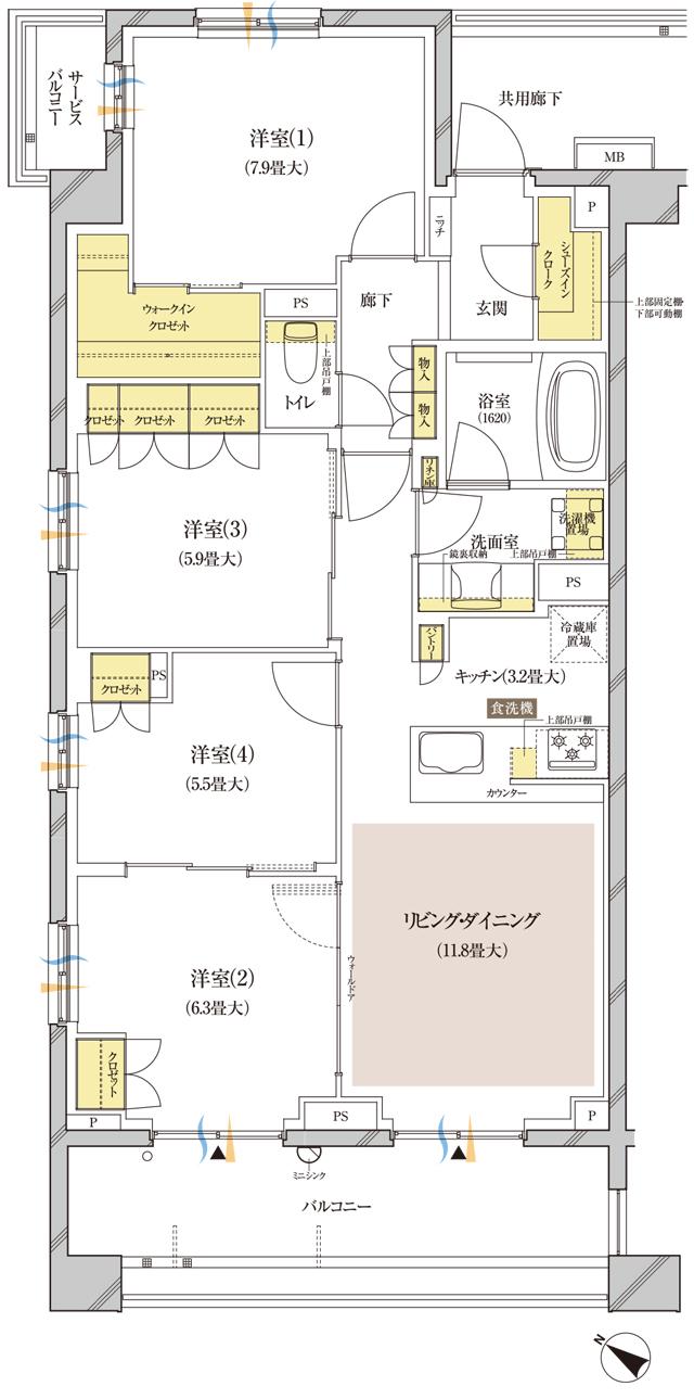 ブランズ中央林間の間取り図　W-A：4LDK+WIC+SIC